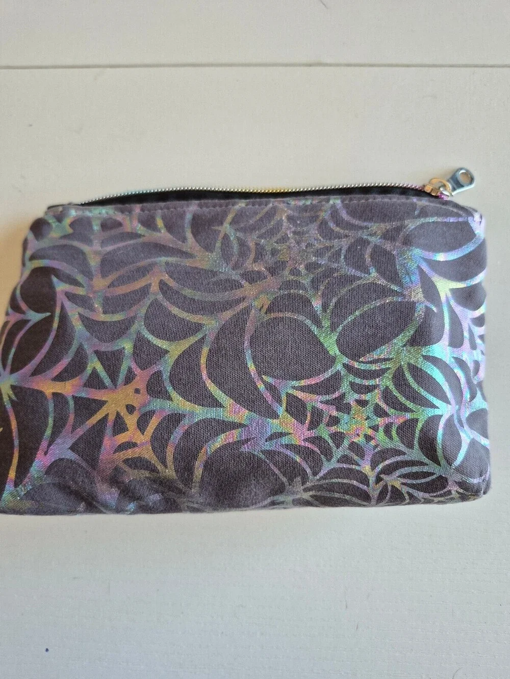 iridescent spider web grey Cosmetic Pouch, whimsical goth bag